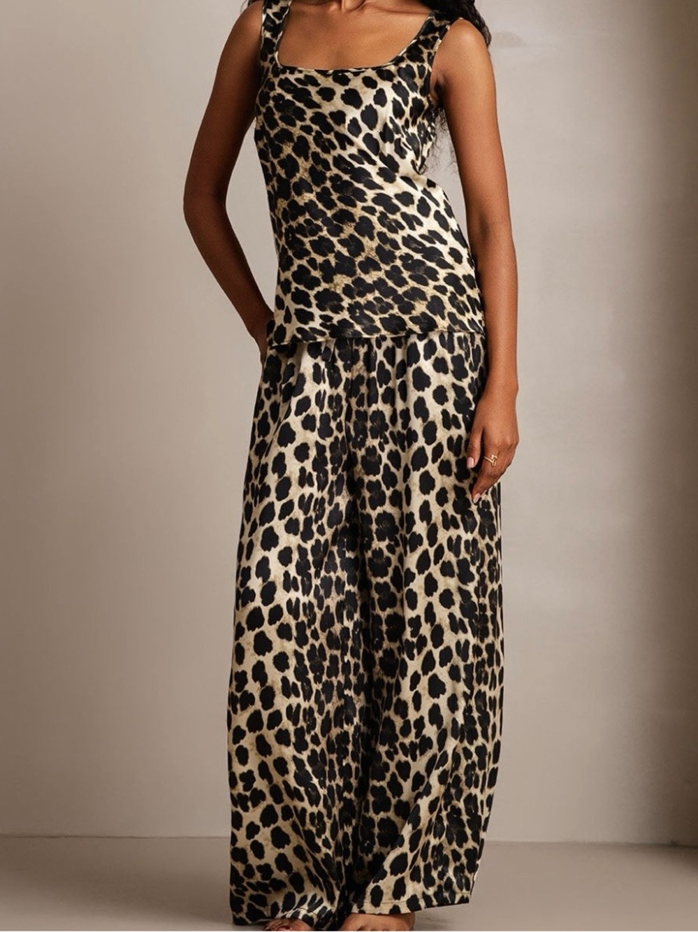 SilkSilky 100% Silk Leopard Print Square Neck Tank & Wide Leg Pants Set Size L